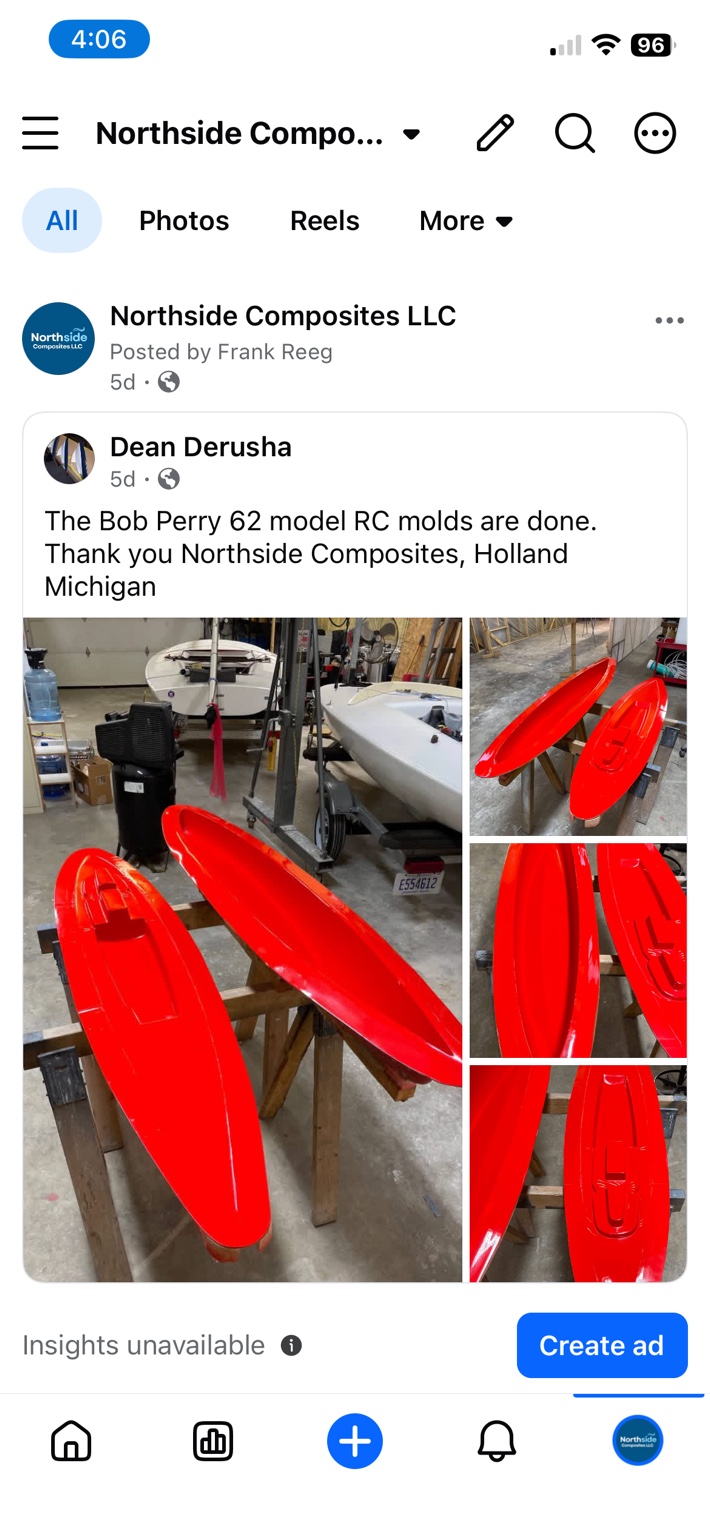 Bright red Bob Perry 62 model RC molds shown in Northside Composites' Facebook post